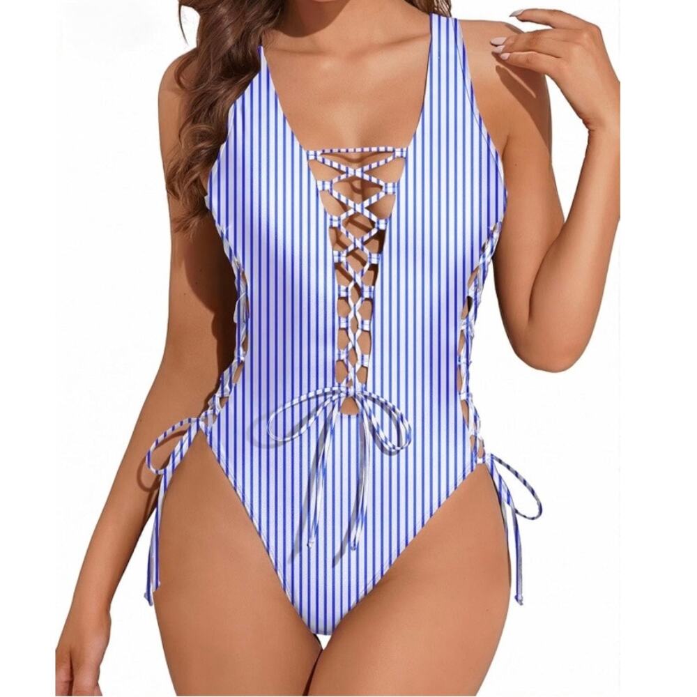 Holipick Women Blue White Striped Lace Up Monokini Swimsuit XL NWT